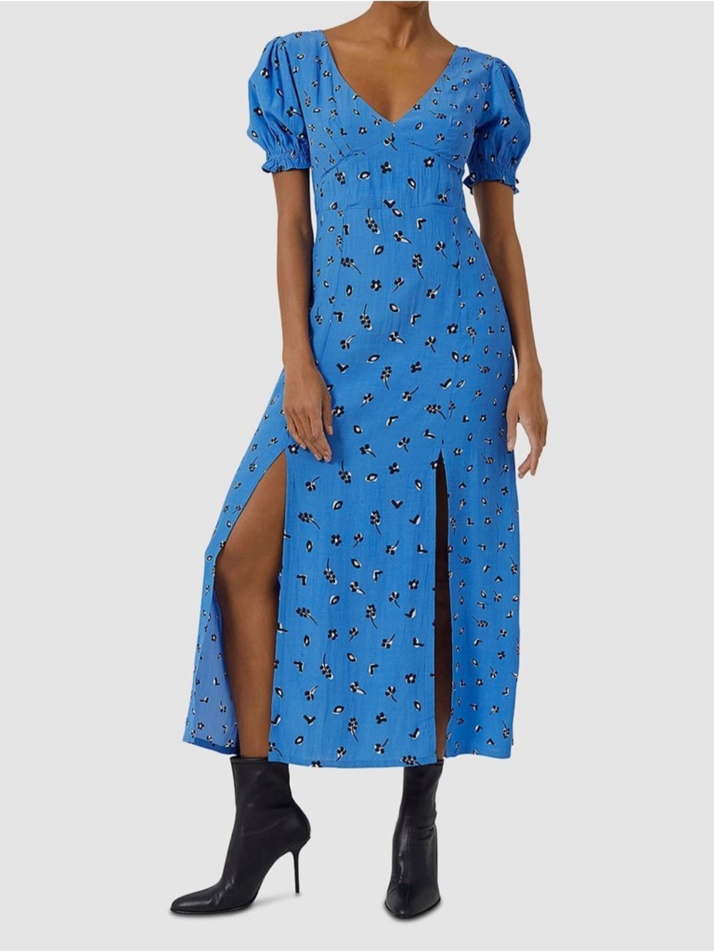 French Connection Blue Floral Maxi Dress with Puff Sleeves